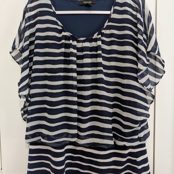 Style & Co Woman 1X Navy White Striped Layered Blouse Flutter Sleeve Chiffon Ove - Picture 2 of 5